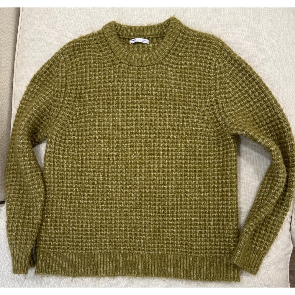 Zara Waffle Knit Sweater Mens Medium Olive Green Wool Alpaca Blend Excellent